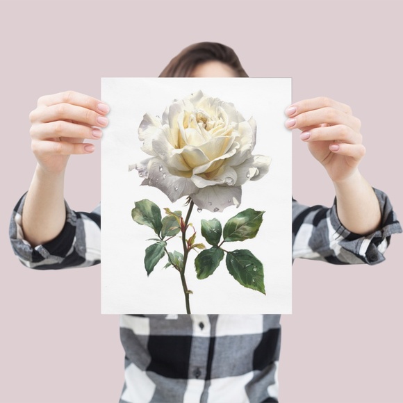 Watercolor Single White Rose Wall Art Print Poster, Unframed - Delicate Floral - Picture 4 of 6